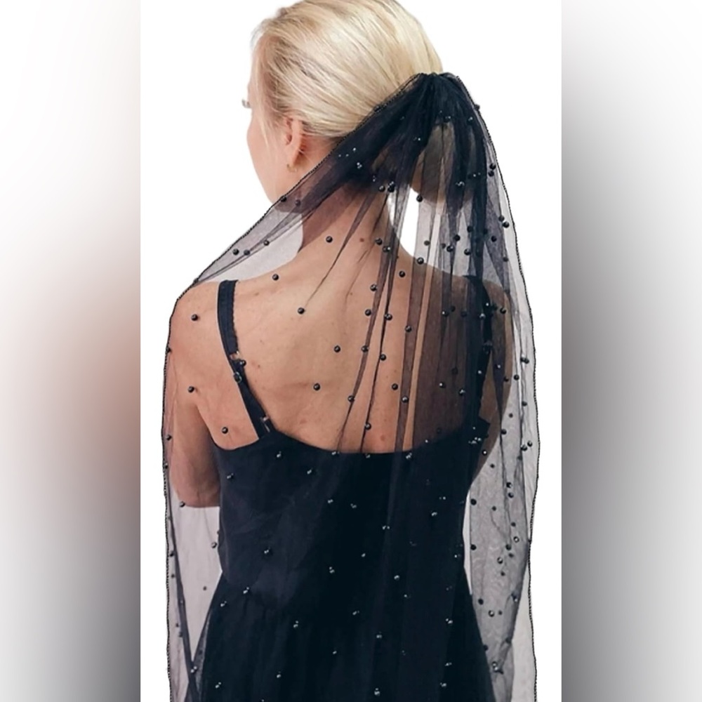 Black Pearl Veil 1 Tier Pencil Edge Wedding Bridal Tulle Veil with Comb